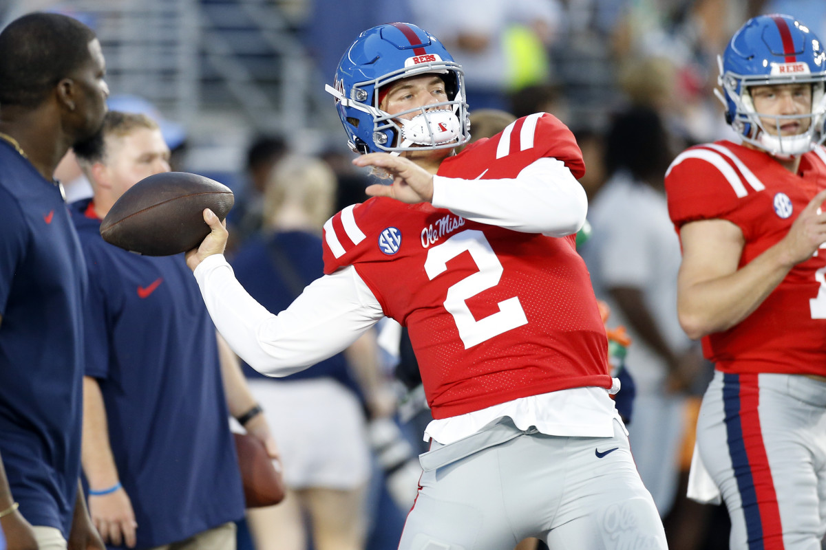 Oct 28, 2023; Oxford, Mississippi, USA; Mississippi Rebels quarterback Jaxson Dart (2) passes the ball during warm ups prior to a game against the Vanderbilt Commodores at Vaught-Hemingway Stadium. Mandatory Credit: Petre Thomas-USA TODAY Sports