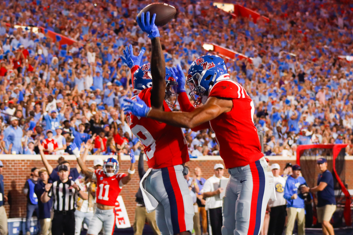 Ole Miss Rebels receiver Dayton Wade celebrates his touchdown reception vs. the Vanderbilt Commodores in Week 9 (2023).