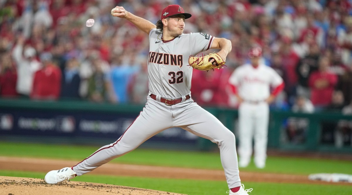 Diamondbacks starting pitcher Brandon Pfaadt throws a pitch against the Phillies during the first inning in Game 7 of the NLCS.