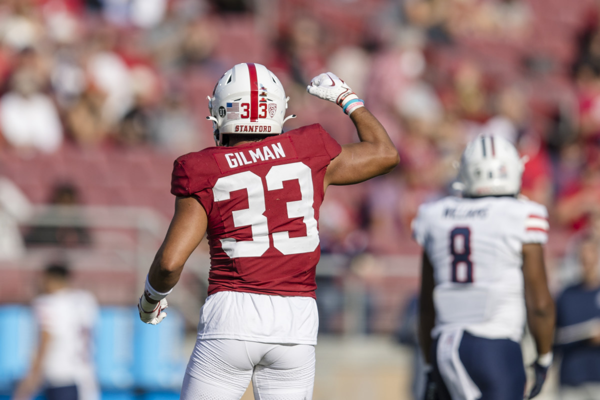 Sep 23, 2023; Stanford, California, USA; Stanford Cardinal safety Alaka'i Gilman (33) Stanford Cardinal running back Kenaj Washington (33) reacts after a tackle against the Arizona Wildcats during the first quarter at Stanford Stadium. Mandatory Credit: John Hefti-USA TODAY Sports