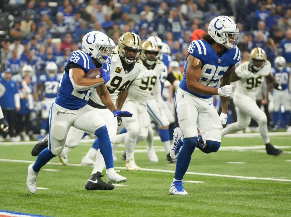 Indianapolis Colts running back Jonathan Taylor (28) runs the ball during a game versus New Orleans on October 29, 2023.  