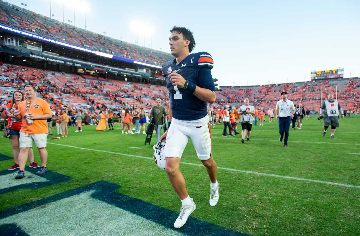 Auburn Tigers quarterback Payton Thorne (1) jogs off the field after the game as Auburn Tigers take on Mississippi State Bulldogs at Jordan-Hare Stadium in Auburn, Ala., on Saturday, Oct. 28, 2023. Auburn Tigers defeated Mississippi State Bulldogs 27-13.  