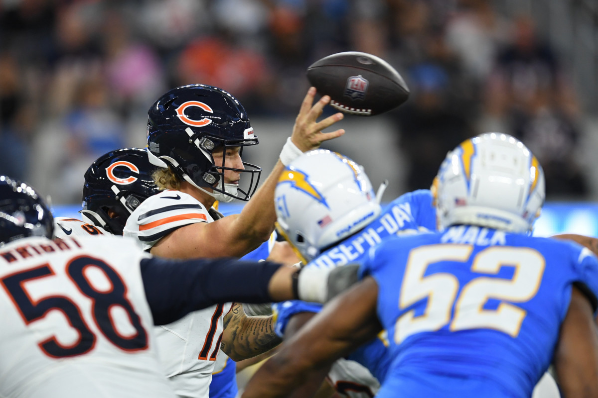 Chicago Bears quarterback Tyson Bagent passes the ball against Los Angeles Chargers during the third quarter at SoFi Stadium.