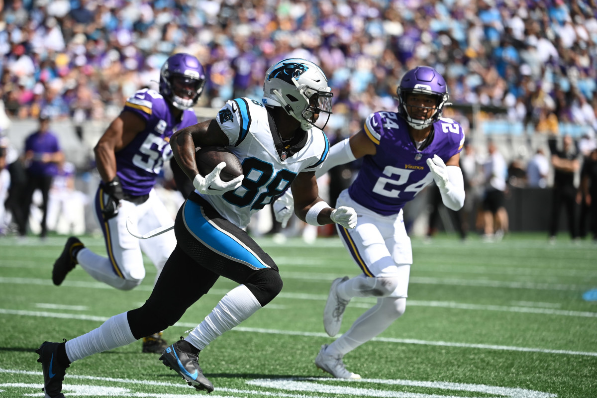 Oct 1, 2023; Charlotte, North Carolina, USA; Carolina Panthers wide receiver Terrace Marshall Jr. (88) with the ball as Minnesota Vikings safety Camryn Bynum (24) defends in the second quarter at Bank of America Stadium. Mandatory Credit: Bob Donnan-USA TODAY Sports