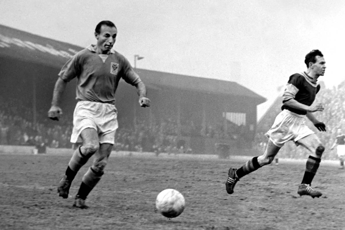 Stanley Matthews pictured (left) playing for Blackpool in 1955