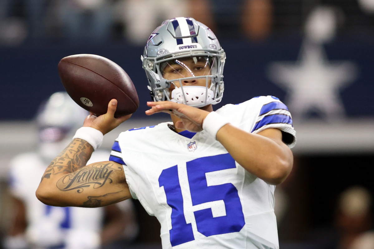 Sep 17, 2023; Arlington, Texas, USA; Dallas Cowboys quarterback Trey Lance (15) throws a pass before the game against the New York Jets at AT&T Stadium. 