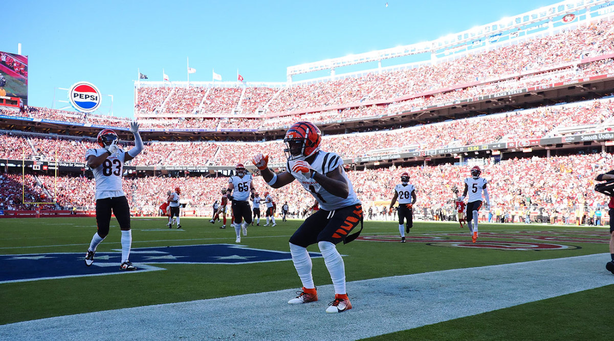 Ja'Marr Chase celebrates after scoring a touchdown in San Francisco