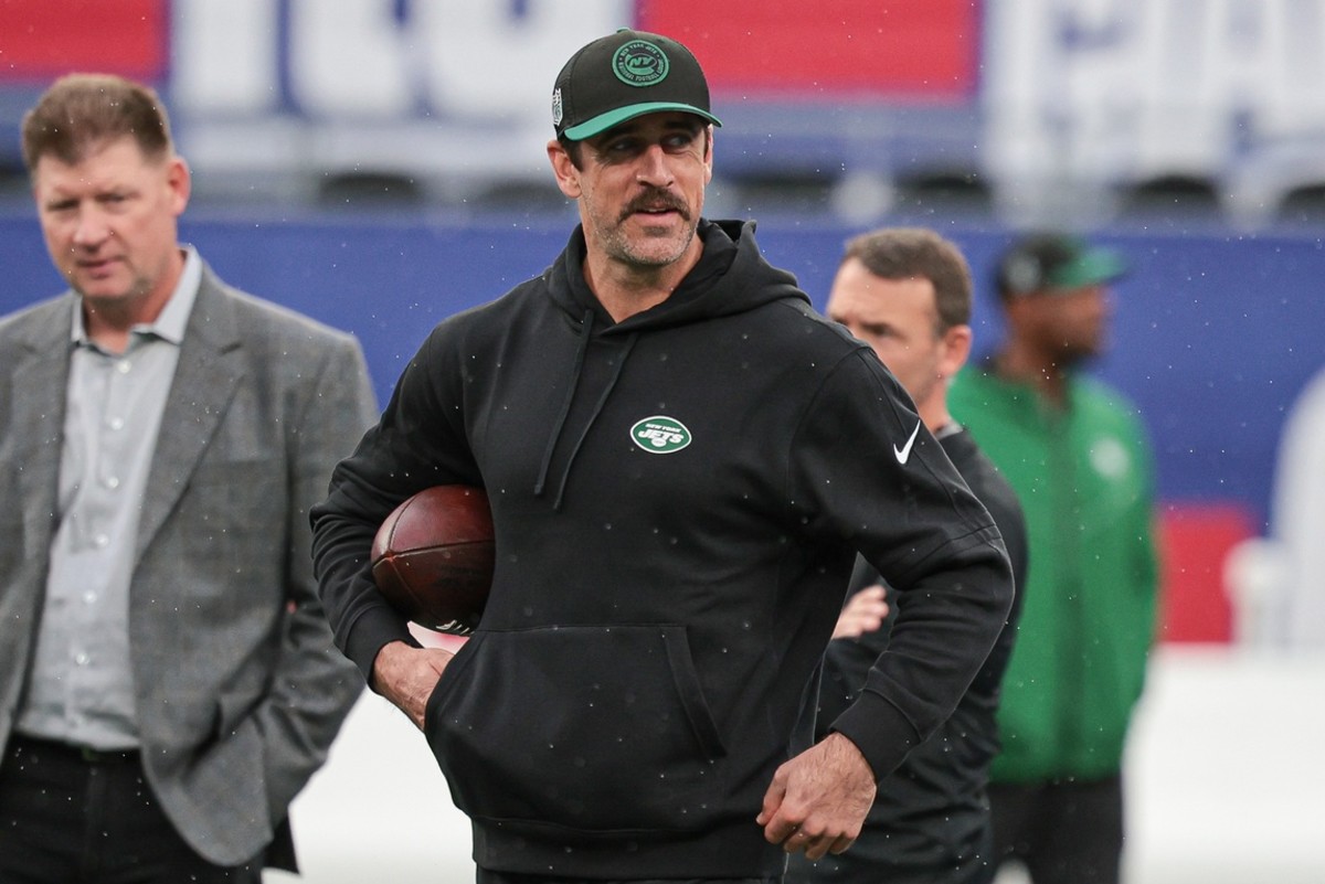 Jets quarterback Aaron Rodgers attended Sunday's game against the Giants at the Meadowlands in Week 8 of the NFL season.