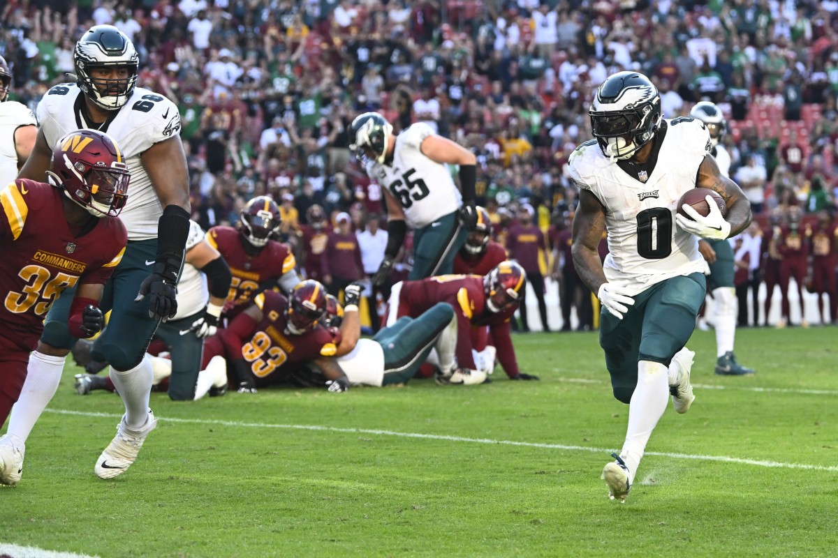 D'Andre Swift runs for his third touchdown of the season late in the Philadelphia Eagles' win over the Washington Commanders in Week 8.