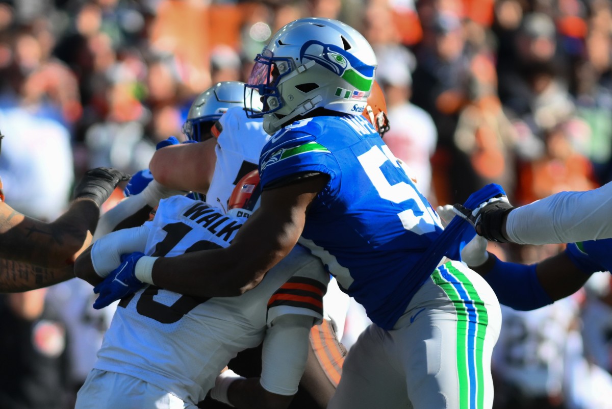 Seattle Seahawks linebacker Boye Mafe (53) sacks Cleveland Browns quarterback PJ Walker (10) during the first half at Lumen Field.