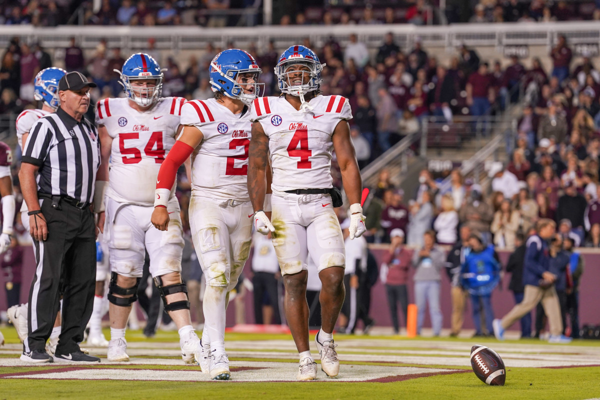 Oct 29, 2022; College Station, Texas, USA; Mississippi Rebels running back Quinshon Judkins (4) celebrates with quarterback Jaxson Dart (2) after a touchdown run against the Texas A&M Aggies in the second half at Kyle Field.