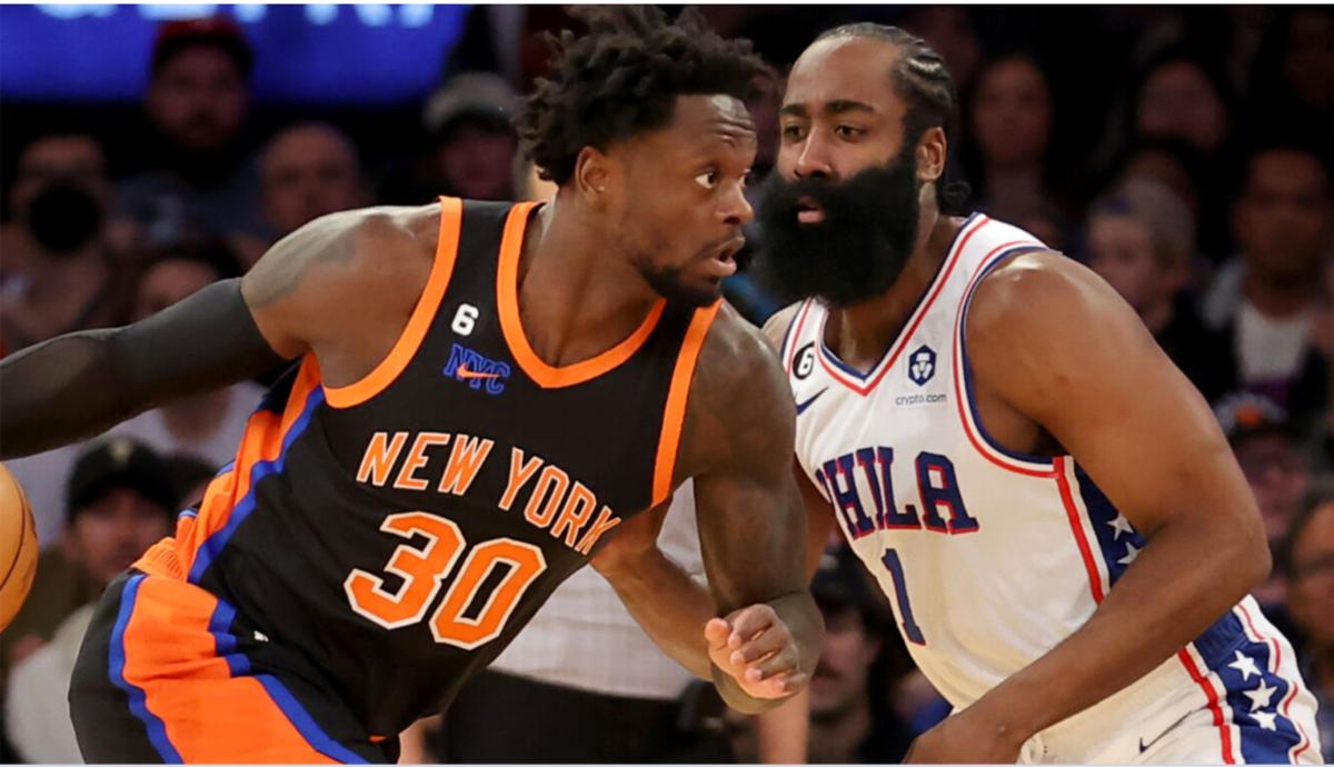 Harden (1) guards Julius Randle during a game at MSG last season