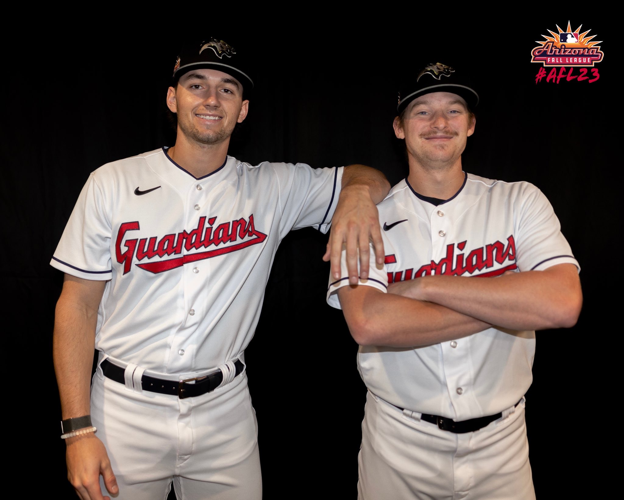 Cleveland Guardians prospects Chase DeLauter (left) and Kyle Manzardo (right).