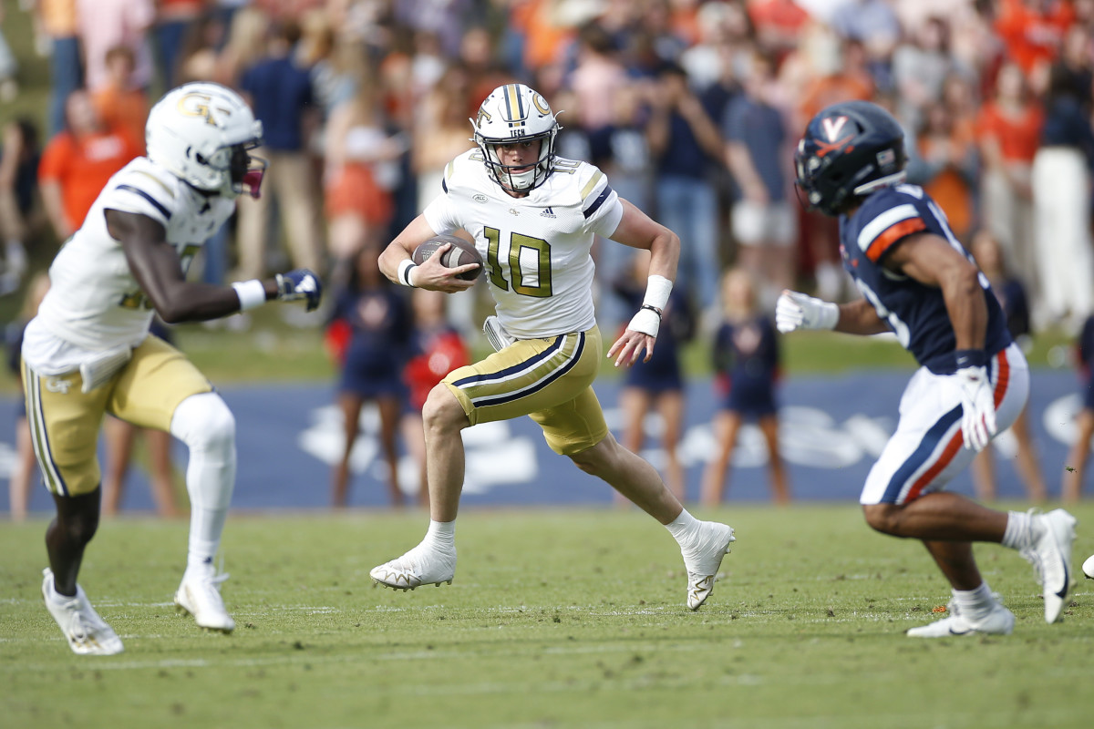 Georgia Tech quarterback Haynes King running the ball against Virginia