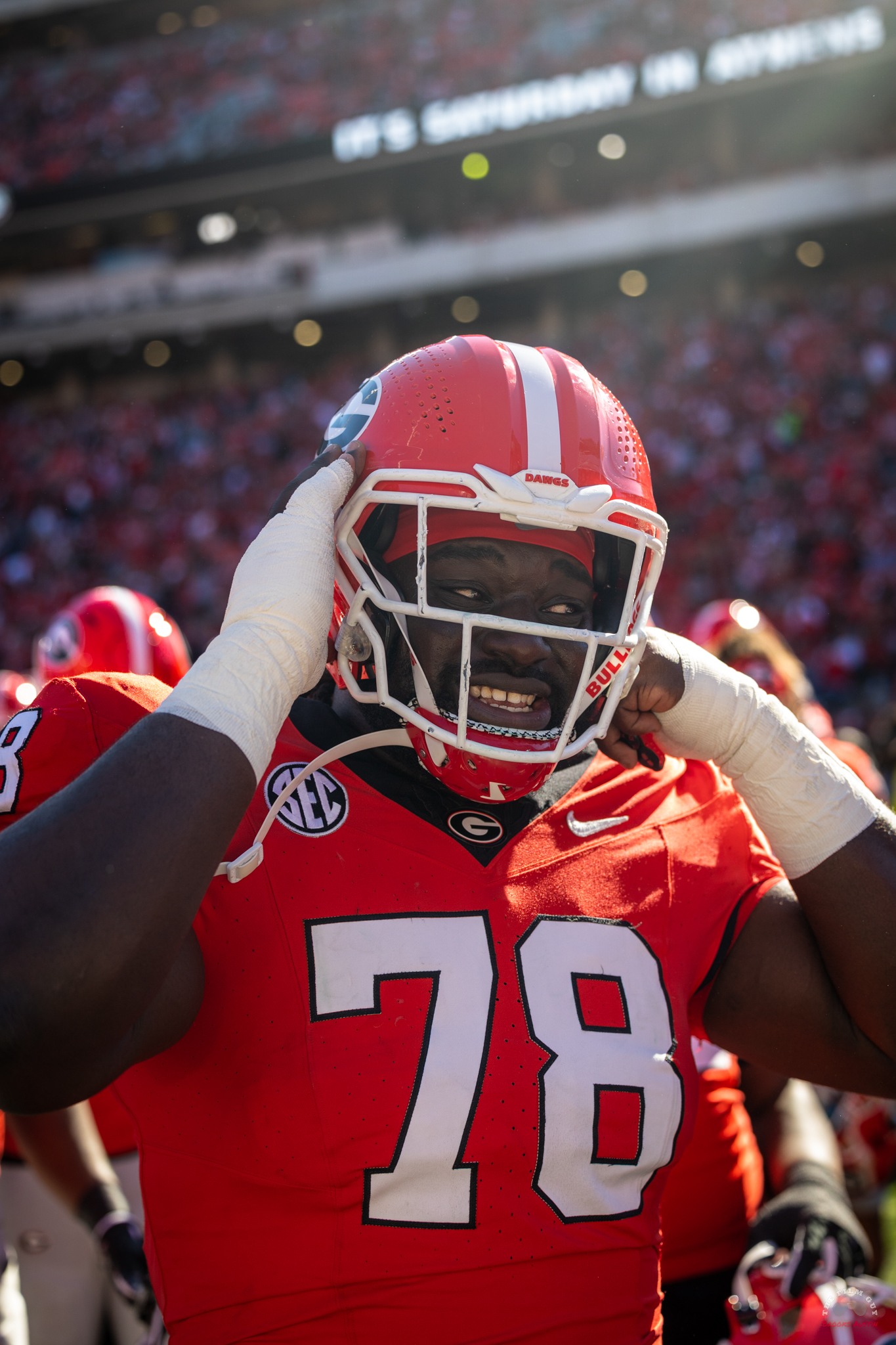 Georgia DL Nazir Stack house (78) enjoying the atmosphere of Sanford Stadium during Georgia's win over Missouri on Nov. 4, 2023.