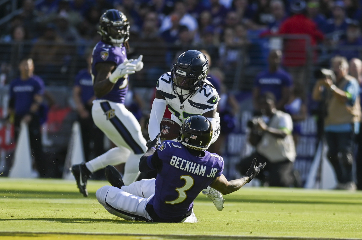 Seattle Seahawks cornerback Riq Woolen (27) breaks top a pass intended for Baltimore Ravens wide receiver Odell Beckham Jr. (3) during the first half at M&T Bank Stadium.