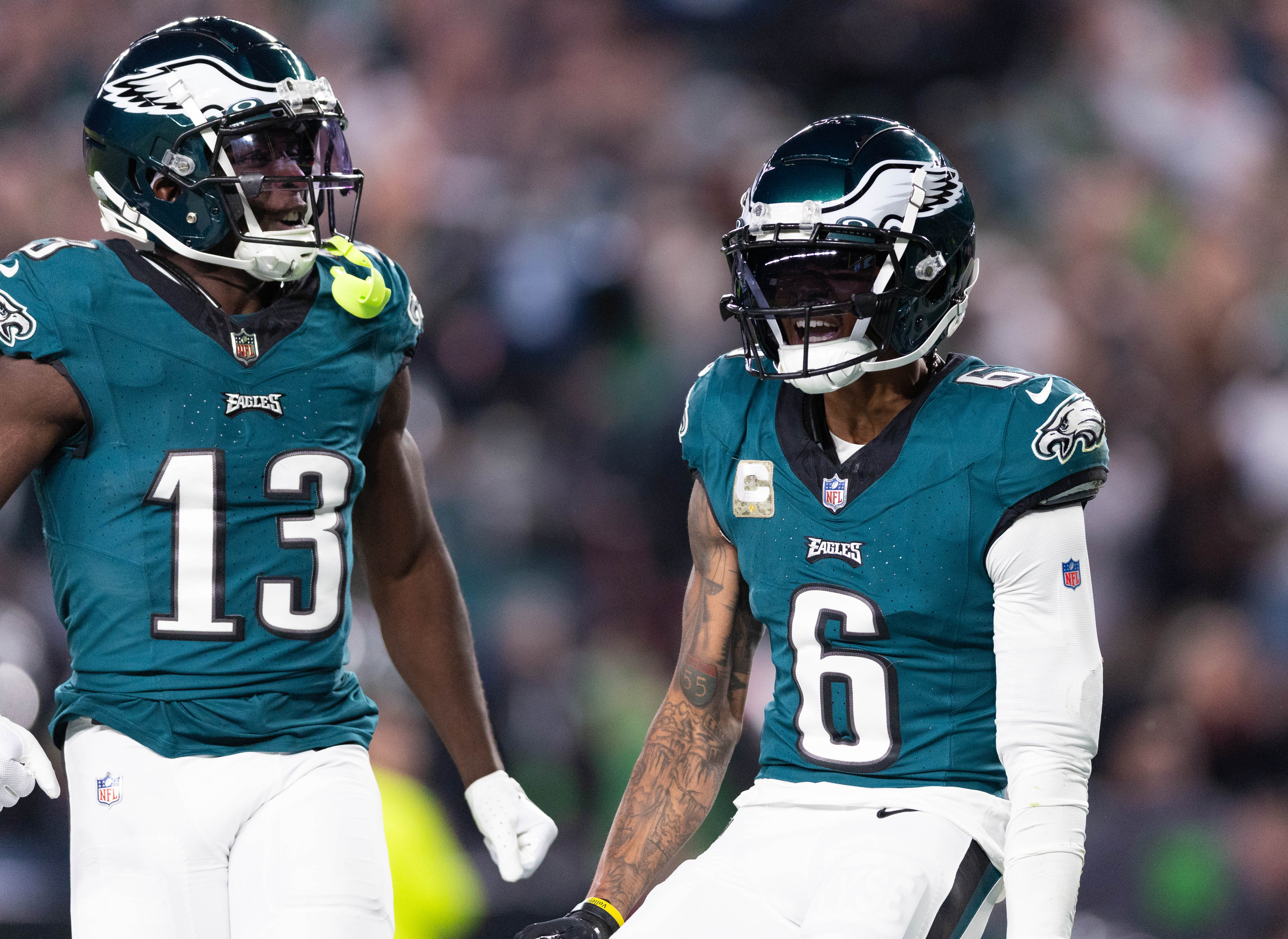 Philadelphia Eagles wide receiver DeVonta Smith (6) reacts after his touchdown catch against the Dallas Cowboys during the third quarter at Lincoln Financial Field.