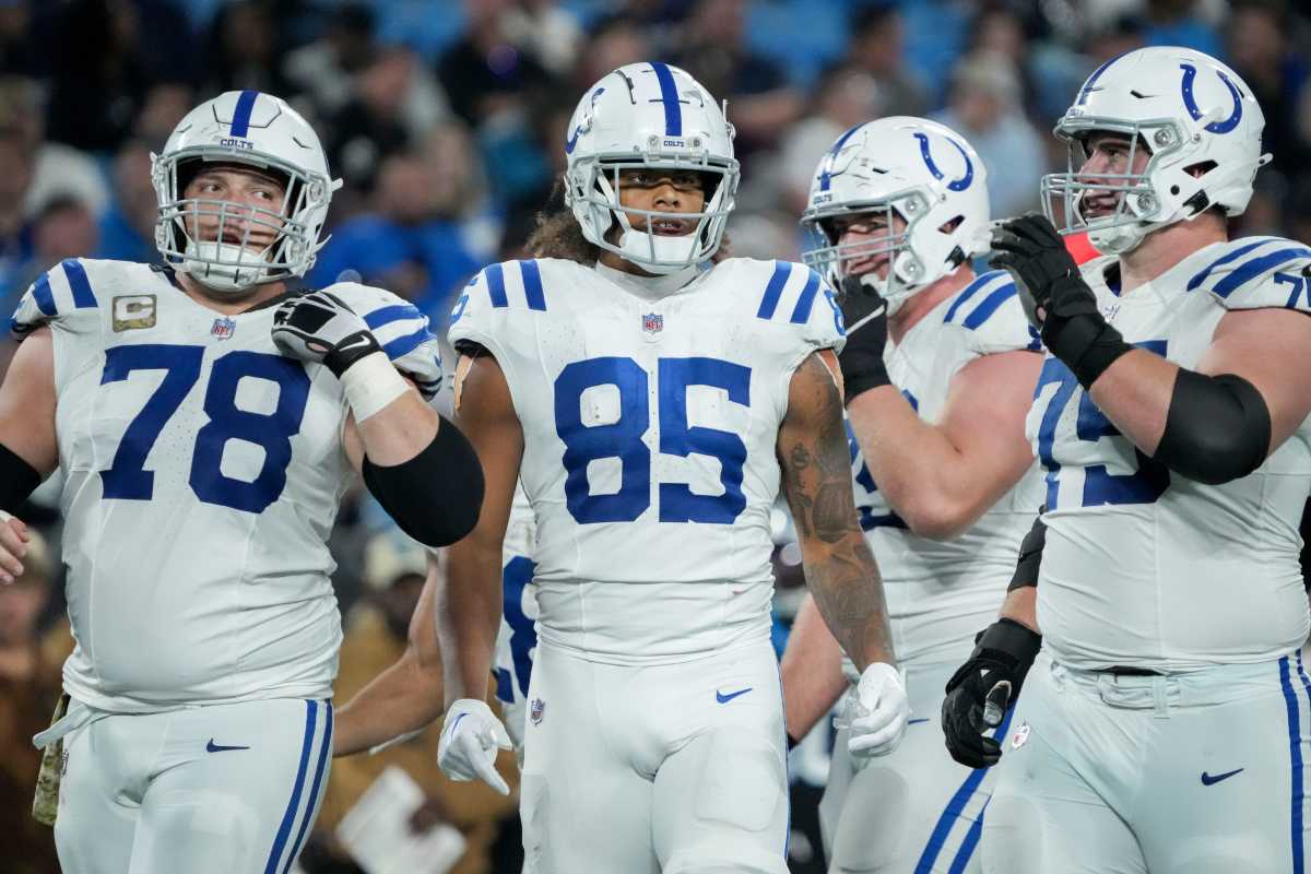 Indianapolis Colts tight end Drew Ogletree (85) walks on the field Sunday, Nov. 5, 2023, during a game against the Carolina Panthers at Bank of America Stadium in Charlotte.