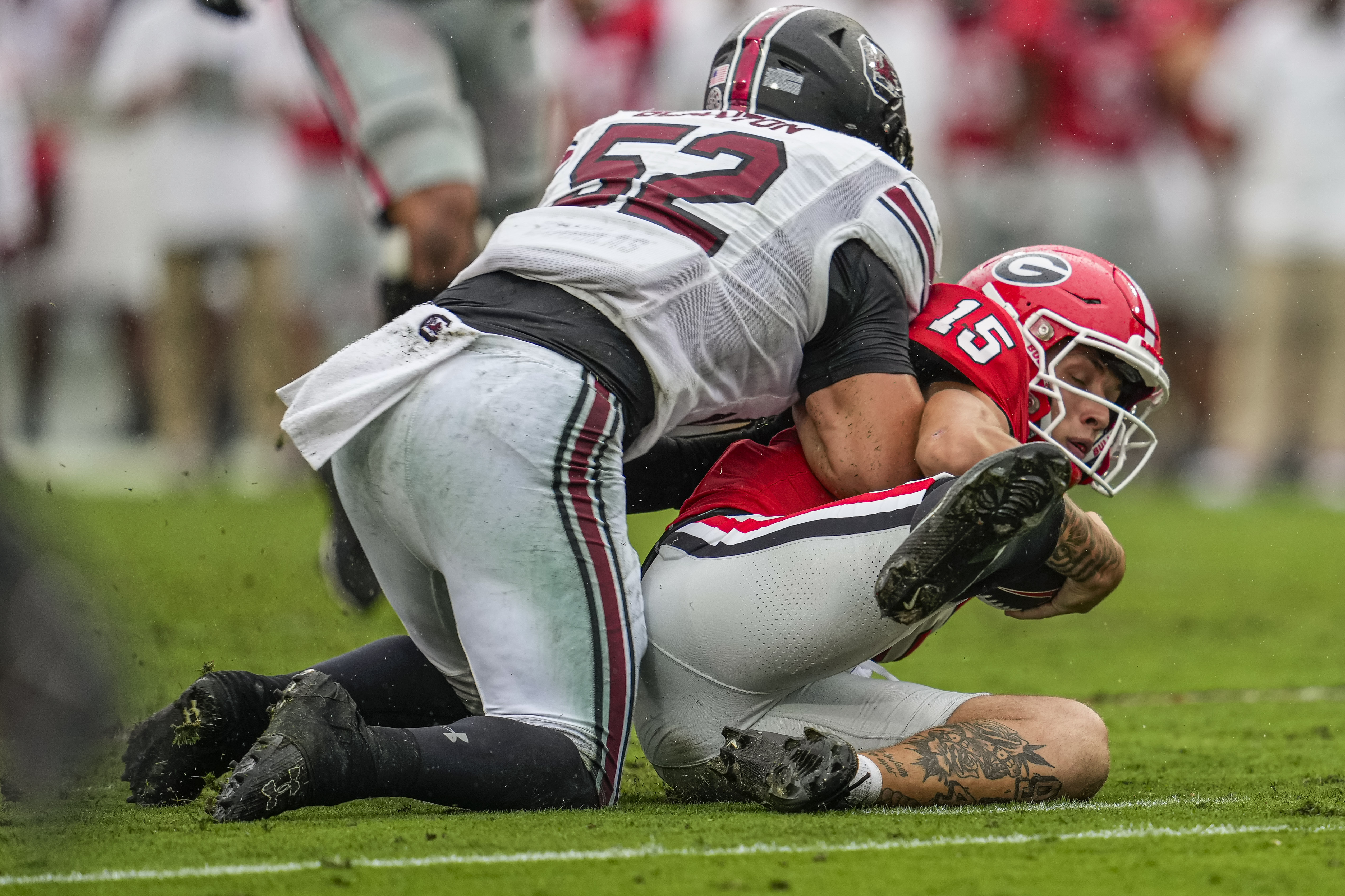 Stone Blanton hitting Georgia QB Carson Beck (16th Sept., 2023)