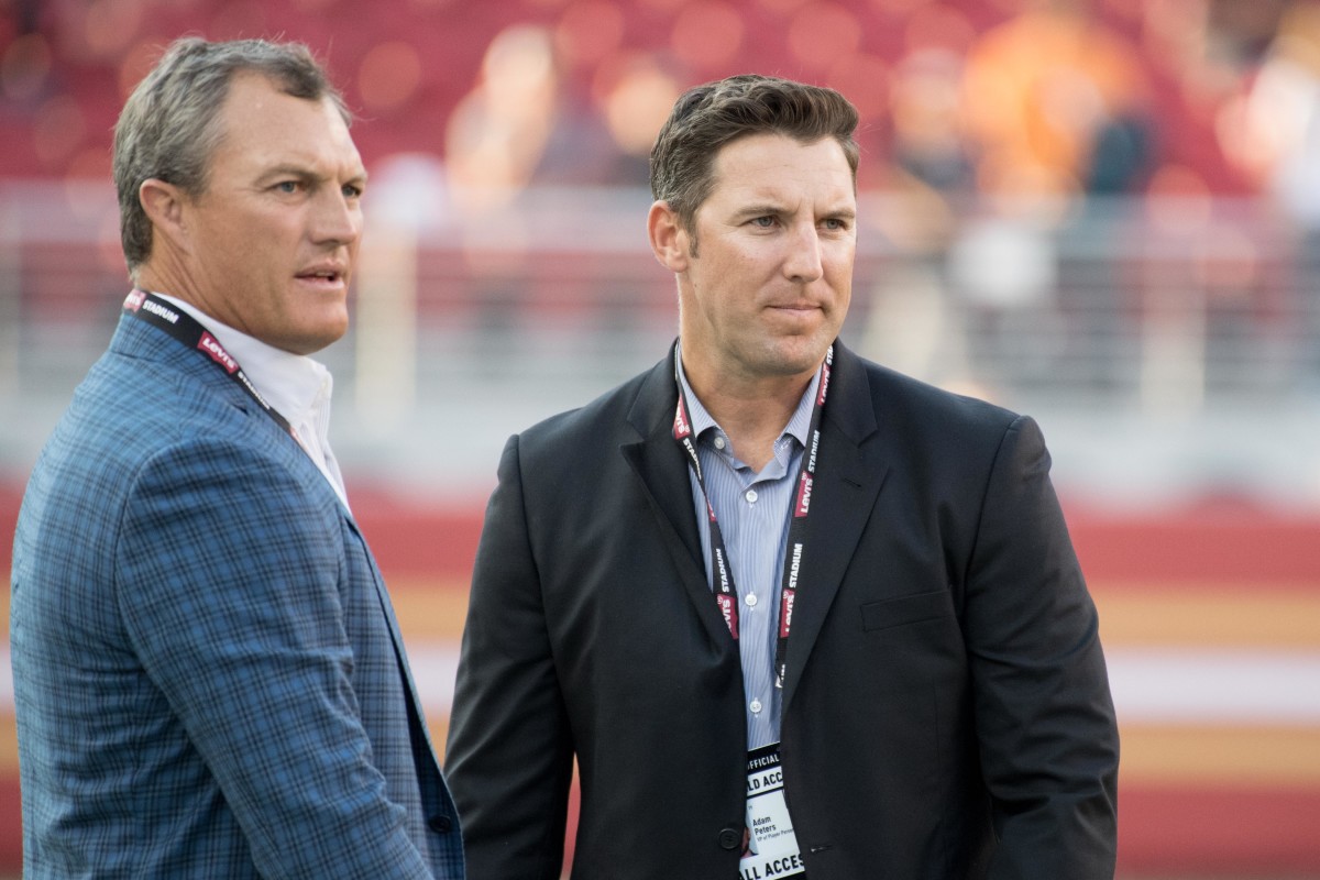 August 19, 2017; Santa Clara, CA, USA; San Francisco 49ers general manager John Lynch (left) and vice president of player personnel Adam Peters (right) before the game against the Denver Broncos at Levi's Stadium. The Broncos defeated the 49ers 33-14. 