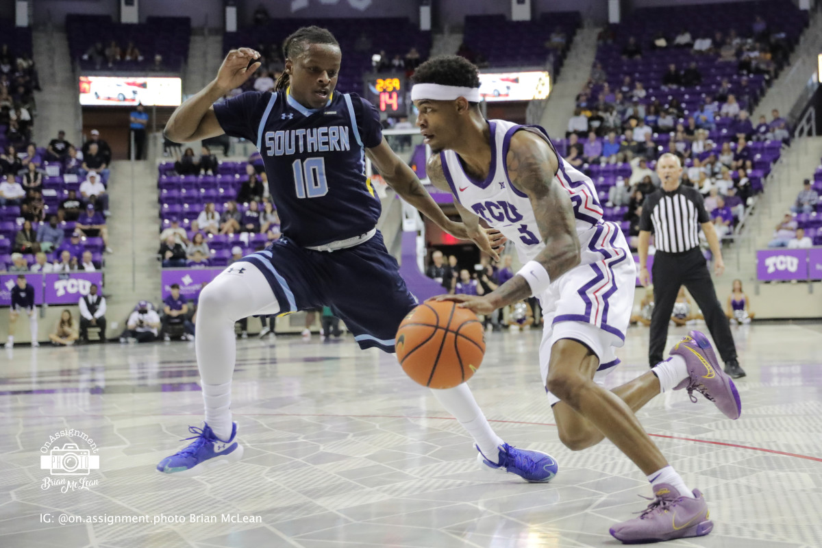 TCU men's basketball guard Avery Anderson III drives down the court in the game against Southern on November 6, 2023.