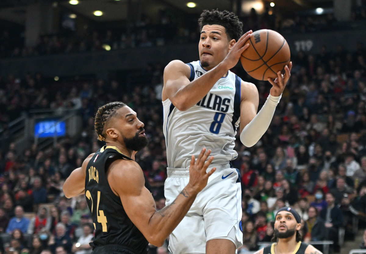 Dallas' Josh Green drives to the basket against Toronto's Khem Birch.