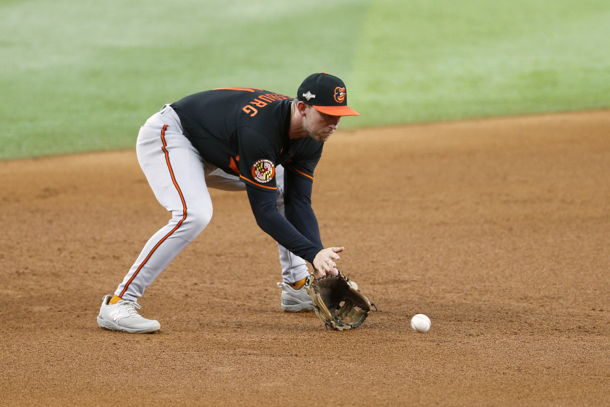 Baltimore Orioles second baseman Jordan Westburg fields a ground ball in the fourth inning against the Texas Rangers during game three of the ALDS. (2023)