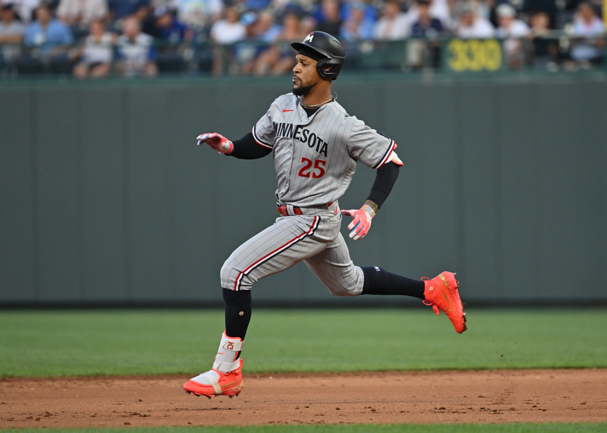 Minnesota Twins designated hitter Byron Buxton doubles during the sixth inning against the Kansas City Royals at Kauffman Stadium. (2023)