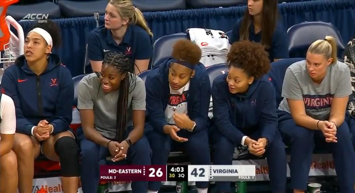 A screenshot of the Virginia women's basketball team's bench, featuring several injured players, during the game against Maryland Eastern Shore at John Paul Jones Arena.