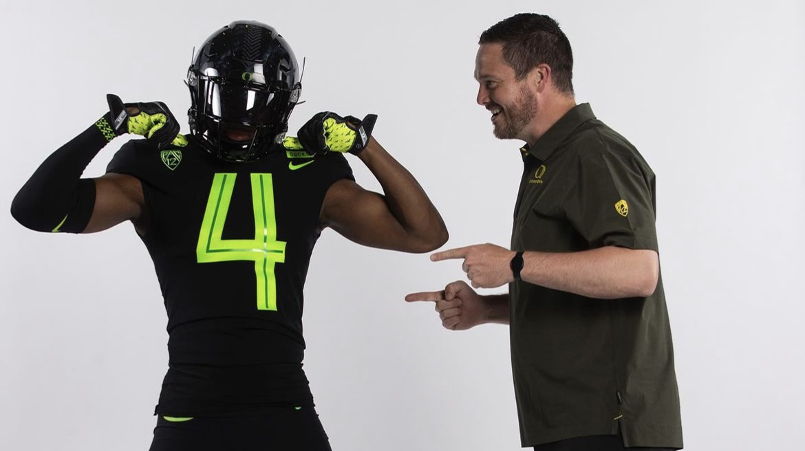 2025 EDGE Nasir Wyatt with Oregon head coach Dan Lanning.