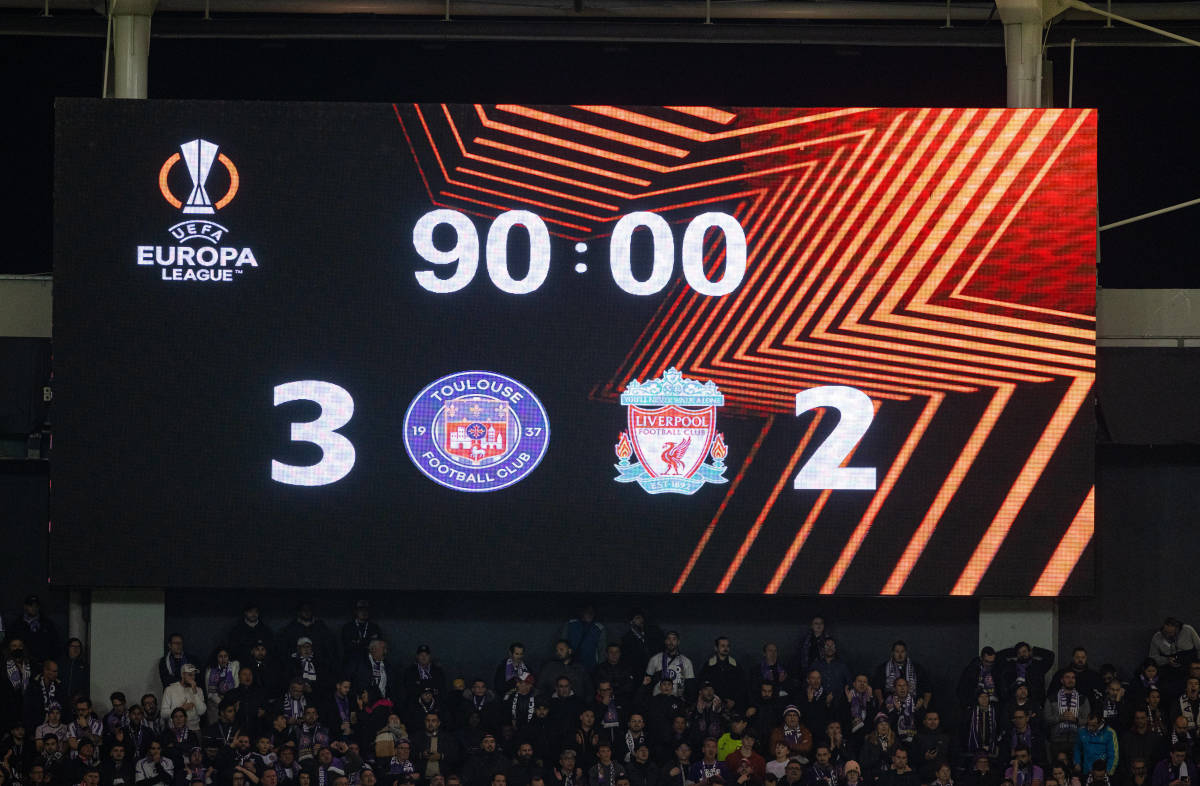 A photograph showing the scoreboard at the end of Liverpool's 3-2 loss at Toulouse in the UEFA Europa League in November 2023