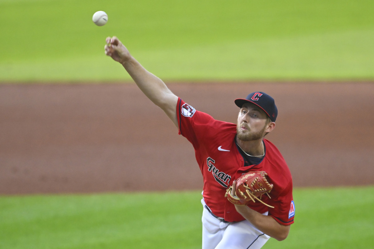 Aug 8, 2023; Cleveland, Ohio, USA; Cleveland Guardians starting pitcher Tanner Bibee (61) delivers a pitch in the first inning against the Toronto Blue Jays at Progressive Field.