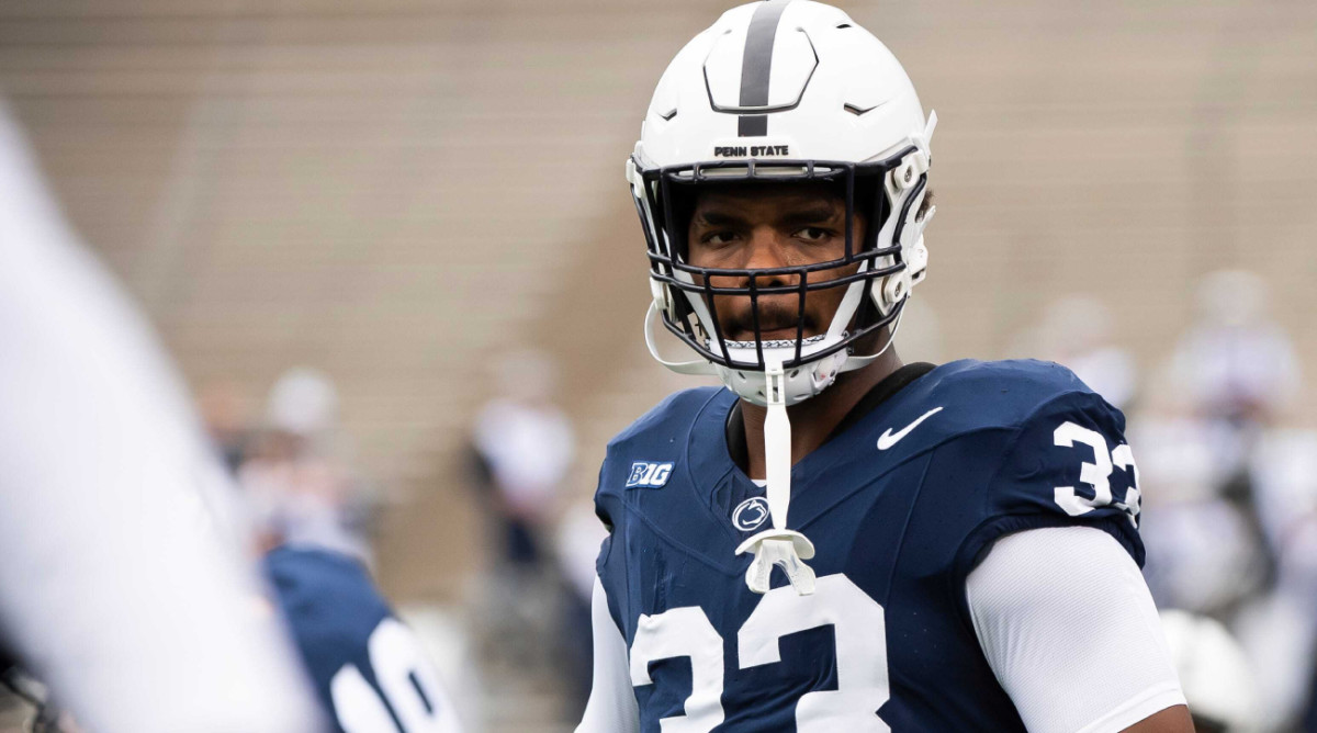 Penn State defensive end Dani Dennis-Sutton (33) during team warmups before an NCAA football game against Indiana Saturday, Oct. 28, 2023, in State College, Pa.