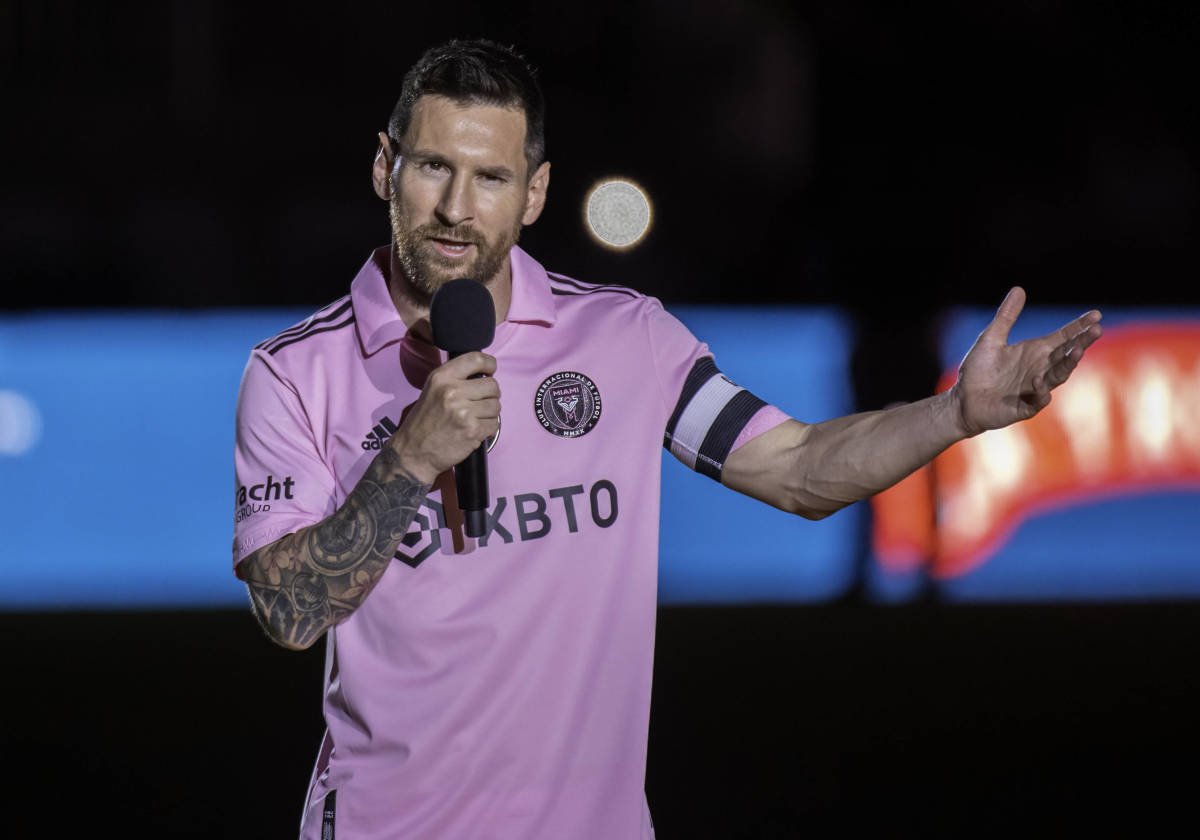 Lionel Messi pictured speaking to Inter Miami fans before an exhibition game against New York City in November 2023