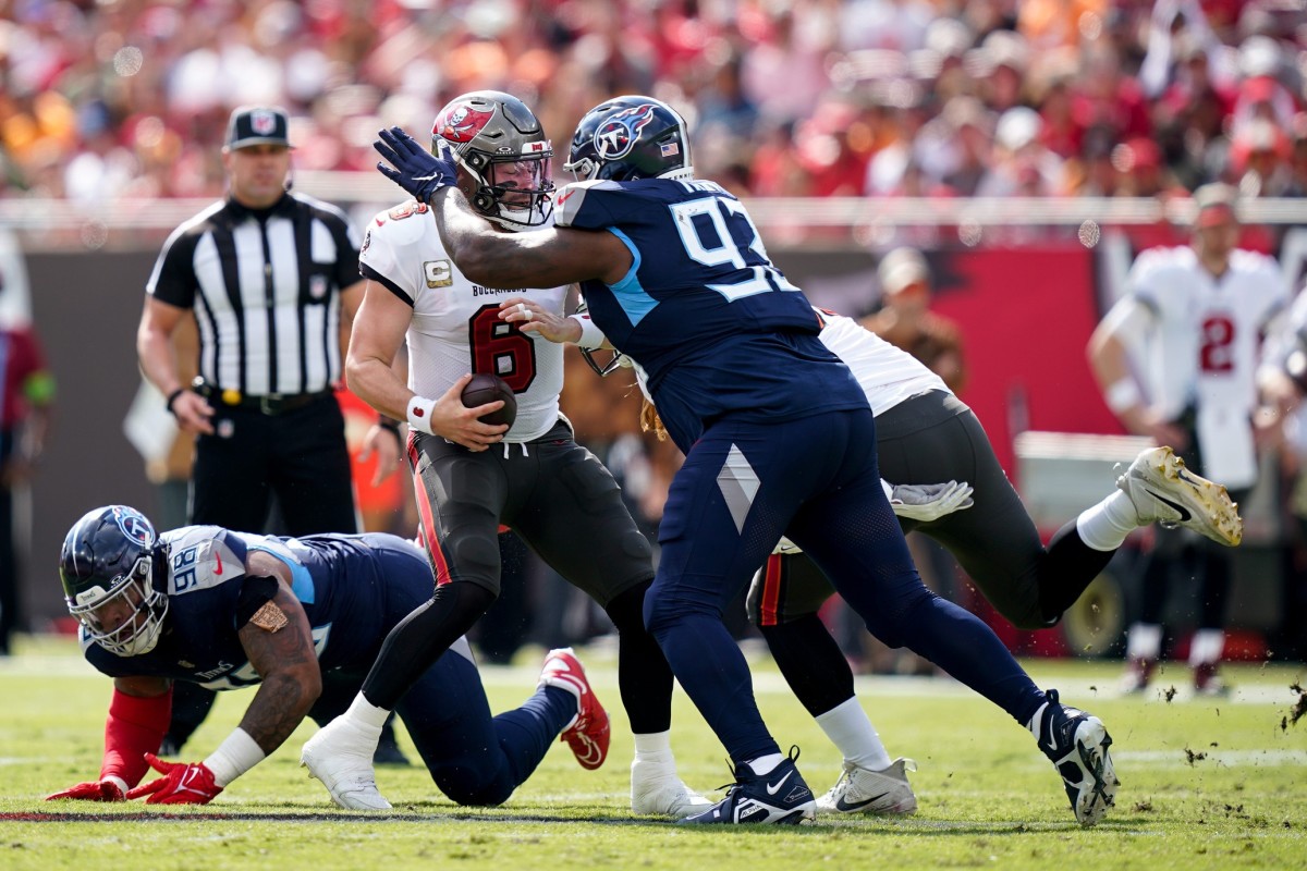 Tennessee Titans defensive tackle Teair Tart (93) sacks Tampa Bay Buccaneers quarterback Baker Mayfield (6) at Raymond James Stadium.