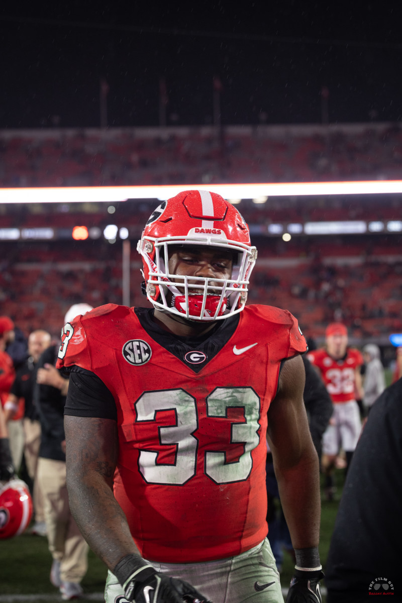 Georgia freshman linebacker CJ Allen (33) walks out of Sanford Stadium after his SEC Freshman Player of the Week performance against Ole Miss on Nov. 11, 2023. (Brooks Austin / Dawgs Daily). 