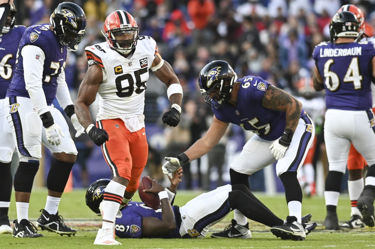 Nov 12, 2023; Baltimore, Maryland, USA; Cleveland Browns defensive end Myles Garrett (95) reacts after sacking Baltimore Ravens quarterback Lamar Jackson (8) during the second half at M&T Bank Stadium. Mandatory Credit: Tommy Gilligan-USA TODAY Sports