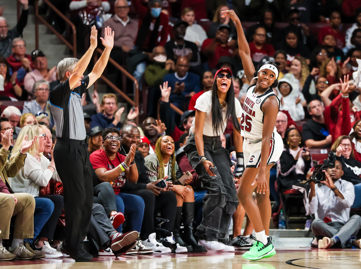 Raven Johnson celebrating a three-point make vs. No. 14 Maryland with A'ja Wilson hyping her up (12th Nov., 2023)