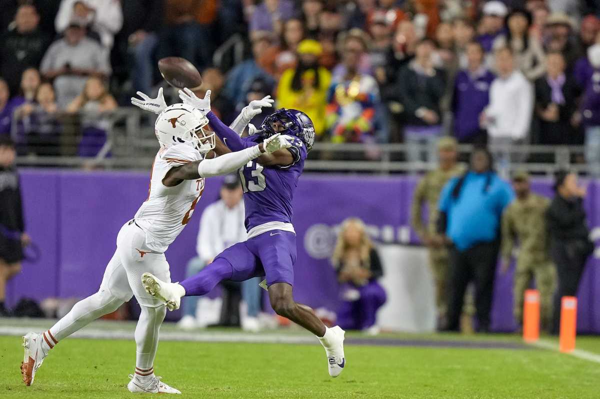 Texas Longhorns defensive back Terrance Brooks defense a TCU wide receiver