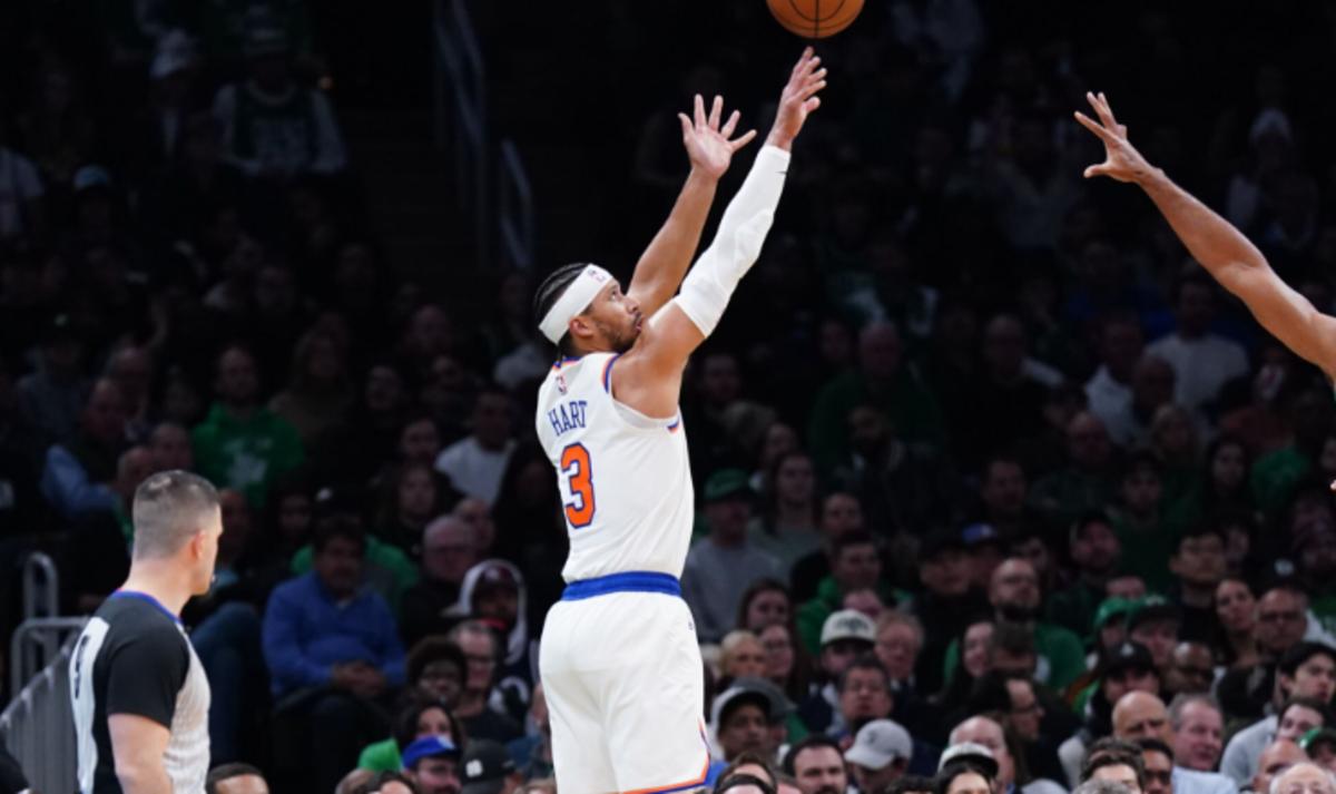 Josh Hart shoots from three during Monday's loss in Boston