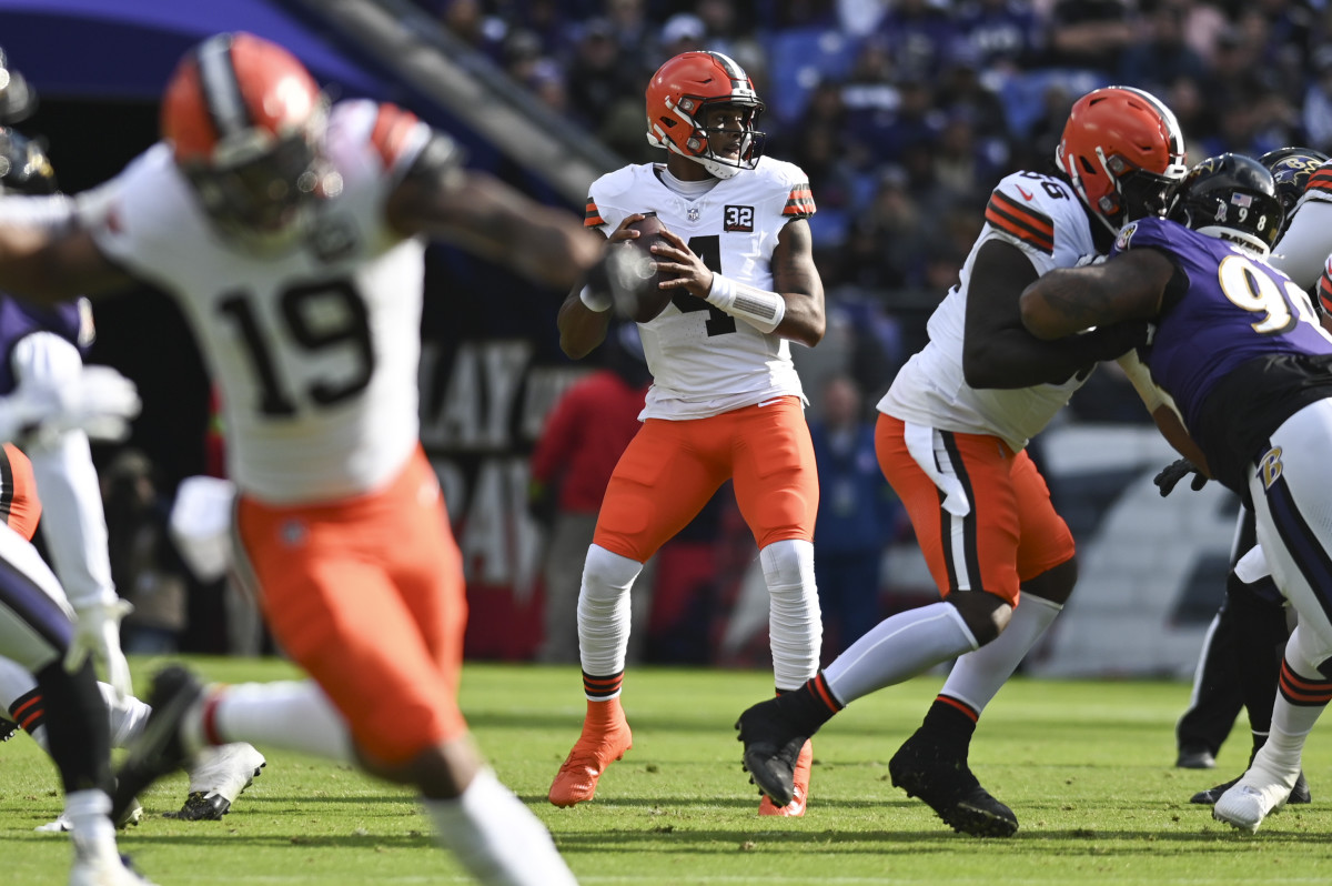 Nov 12, 2023; Baltimore, Maryland, USA; Cleveland Browns quarterback Deshaun Watson (4) looks to pass fro the pocket during the first half against the Baltimore Ravens at M&T Bank Stadium. 