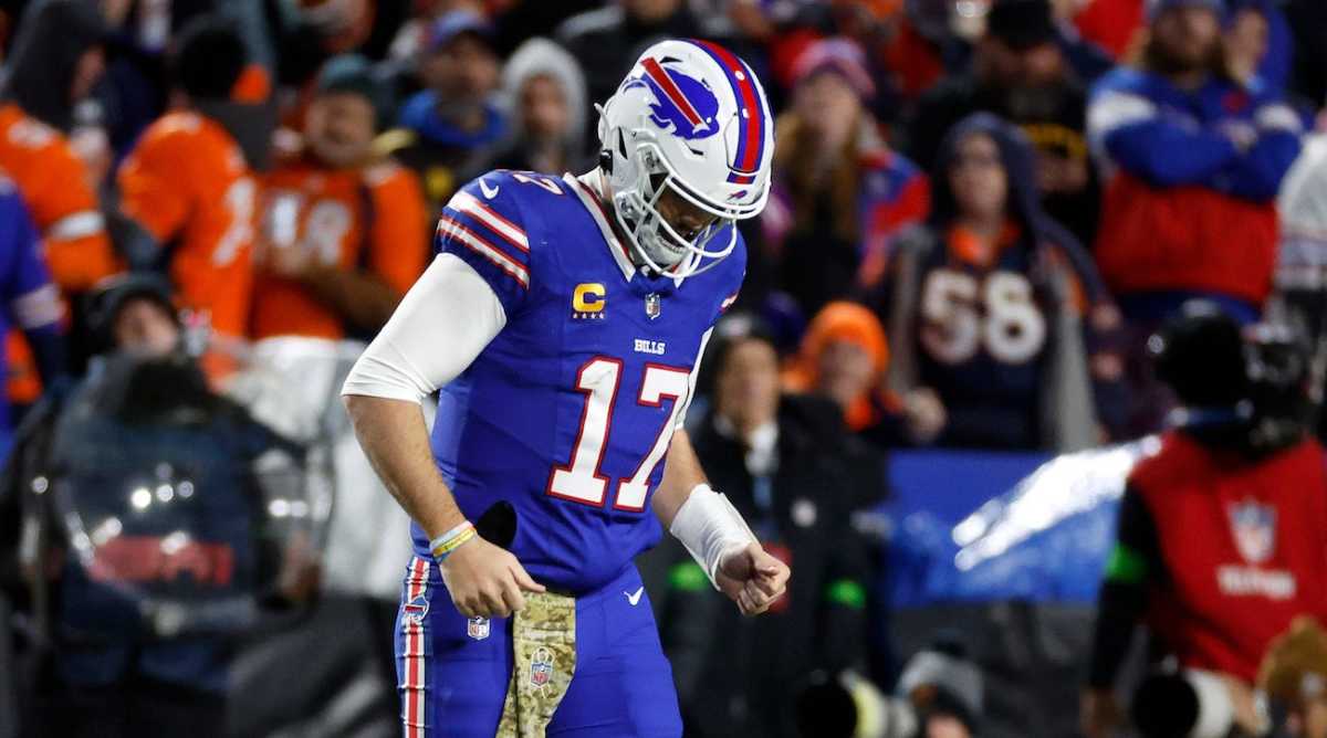 Buffalo Bills QB Josh Allen reacts during a game against the Denver Broncos.