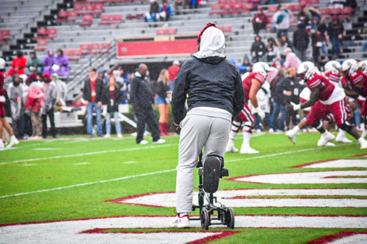 Dakereon Joyner strolling around on a scooter during pre-game warmups (11th Nov., 2023)