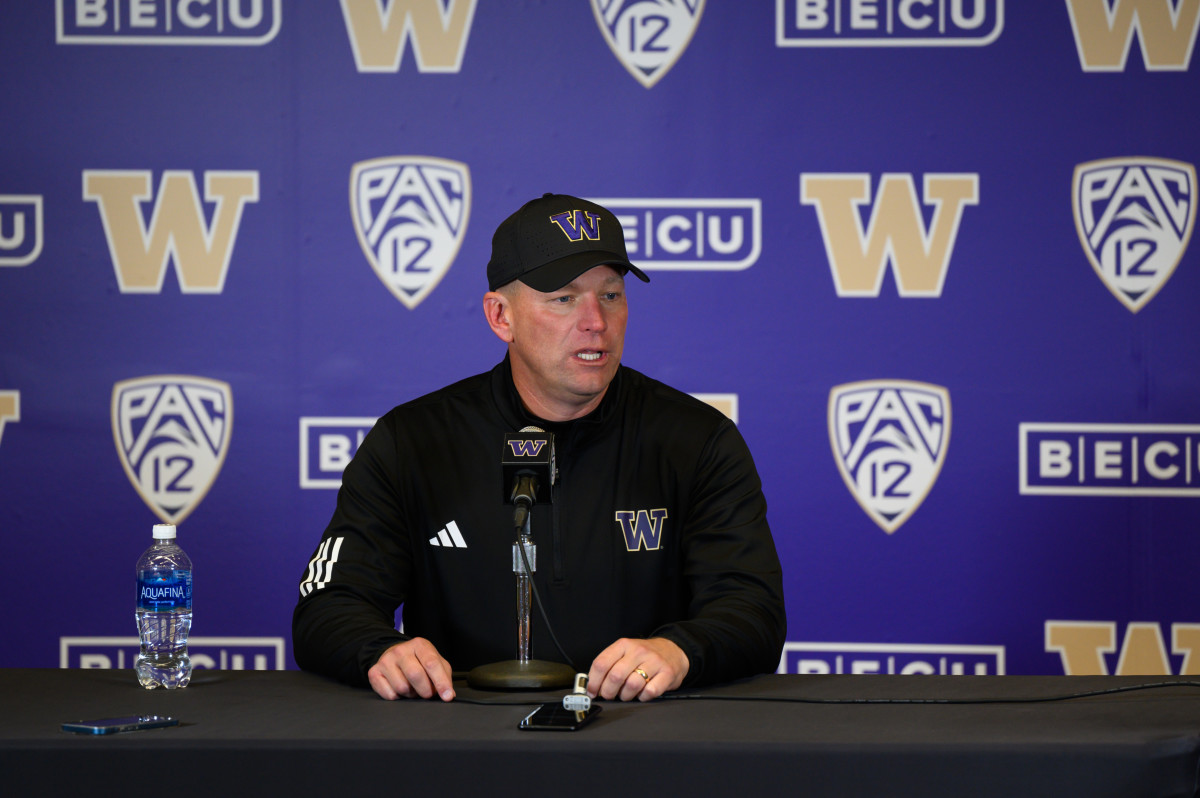 Nov 11, 2023; Seattle, Washington, USA; Washington Huskies head coach Kalen Deboer talks to the media after the game against the Utah Utes at Alaska Airlines Field at Husky Stadium. Mandatory Credit: Steven Bisig-USA TODAY Sports