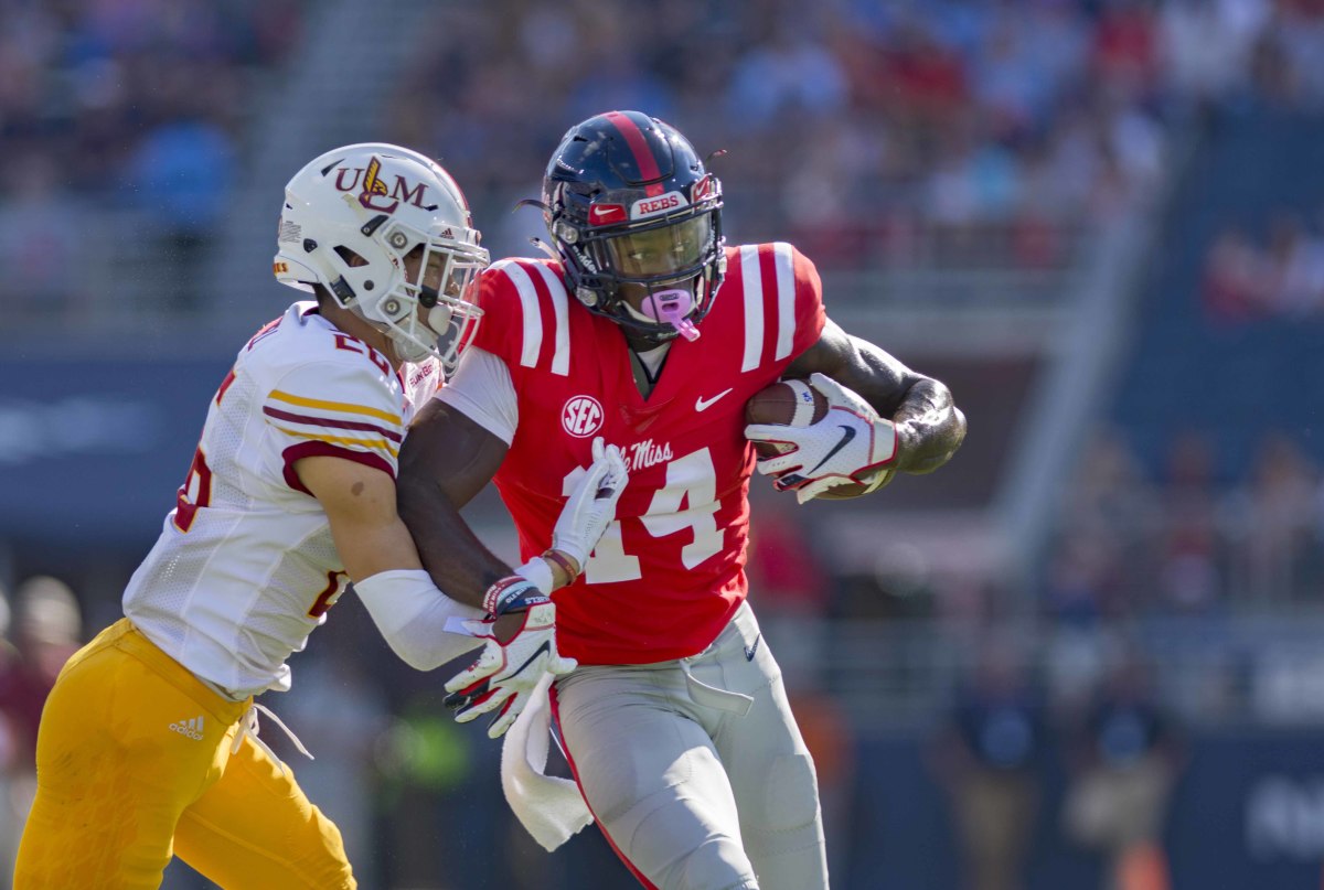 Oct 6, 2018; Oxford, MS, USA; Ole Miss Rebels receiver DK Metcalf makes a contested catch against the Louisiana Monroe Warhawks. 