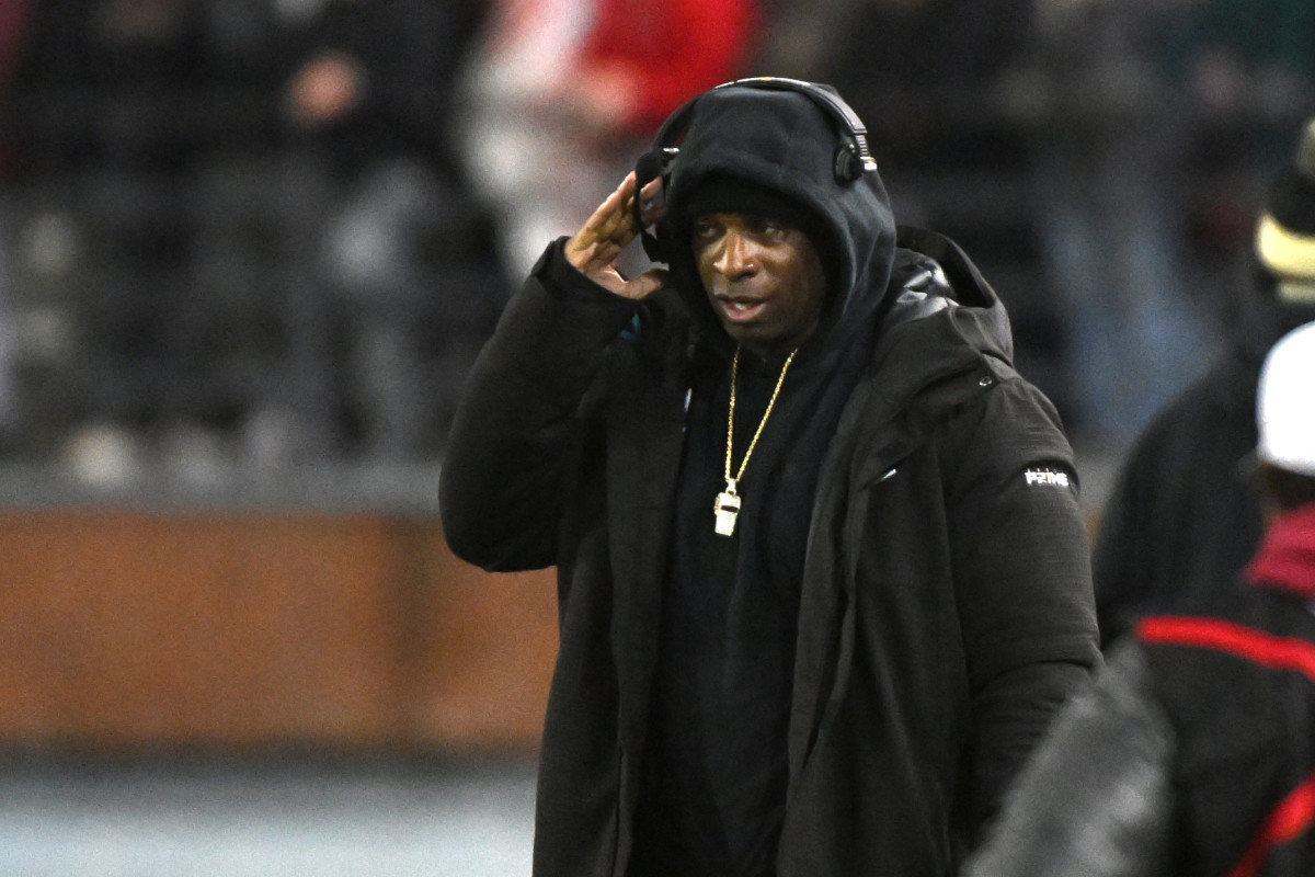 Colorado Buffaloes head coach Deion Sanders looks on during a game against the Washington State Cougars in the first half at Gesa Field at Martin Stadium