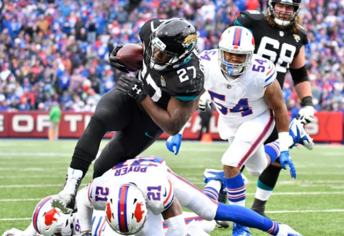 Fournette, then of Jacksonville, runs vs the Bills in 2018