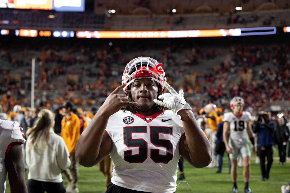 Georgia Bulldogs offensive guard Jared Wilson (55) walks out of Neyland Stadium following the Dawgs victory on Nov. 19, 2023. (Brooks Austin / Dawgs Daily).