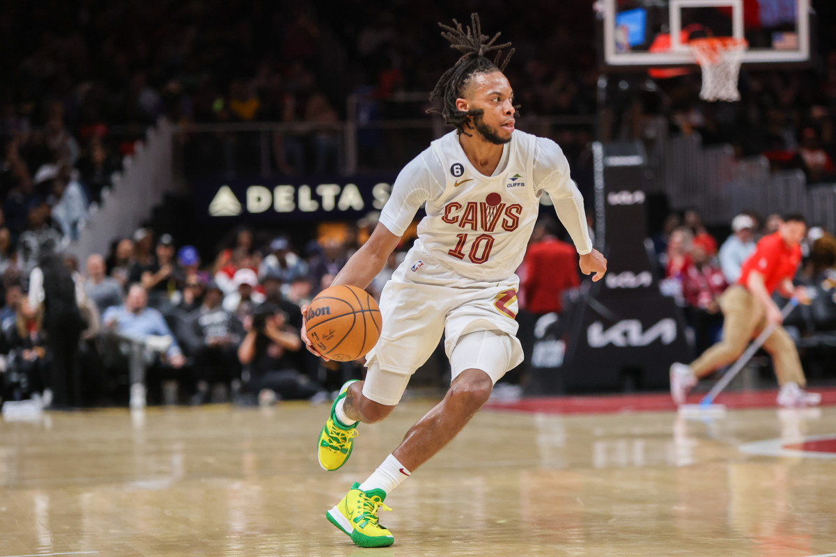 Feb 24, 2023; Atlanta, Georgia, USA; Cleveland Cavaliers guard Darius Garland (10) dribbles against the Atlanta Hawks in the second quarter at State Farm Arena. Mandatory Credit: Brett Davis-USA TODAY Sports