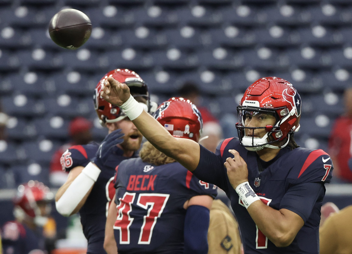 Houston Texans quarterback C.J. Stroud (7) warms up before playing against the Arizona Cardinals at NRG Stadium.